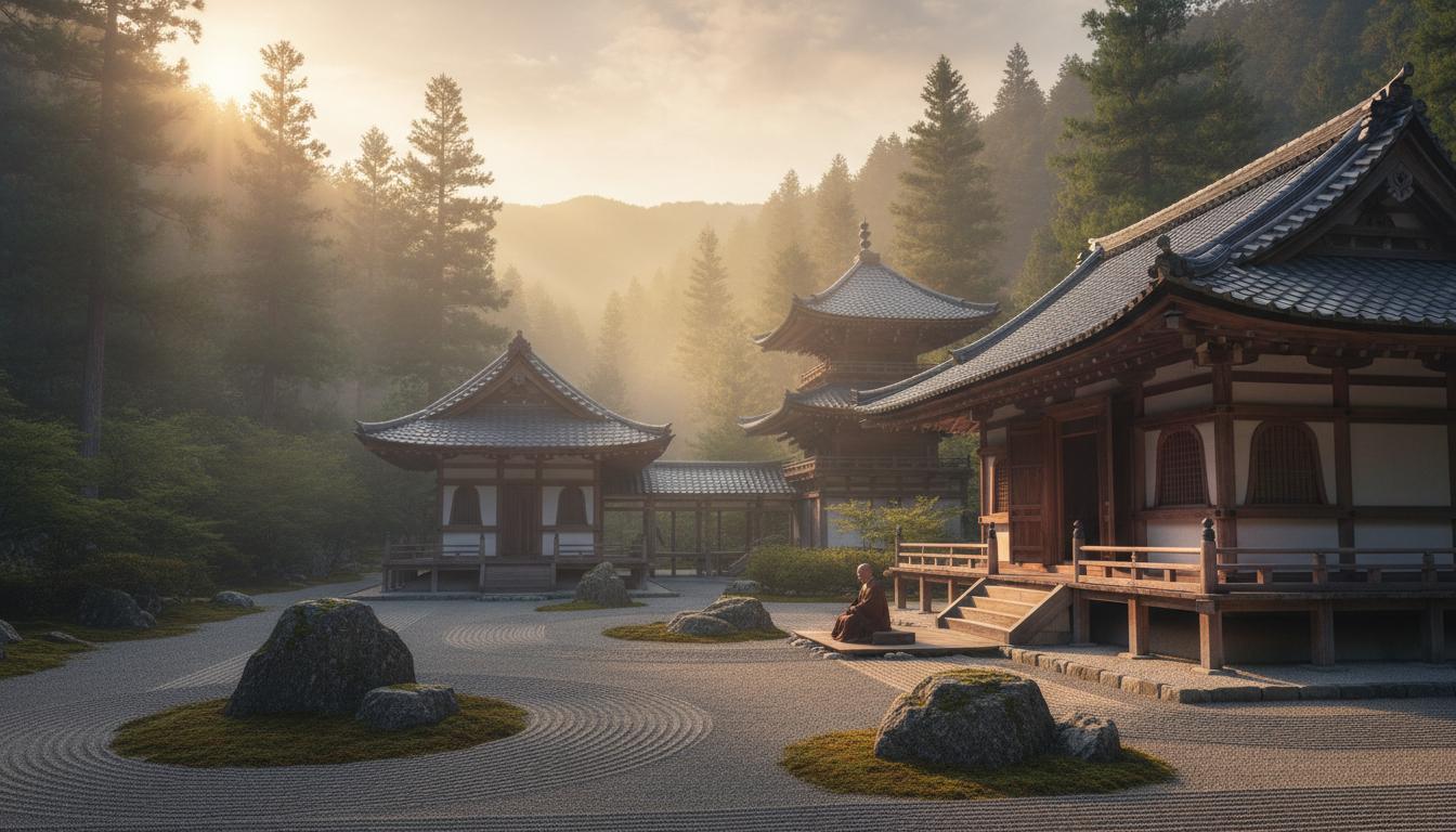 Eihei-ji Zen Monastery temple buildings with raked gravel zen garden