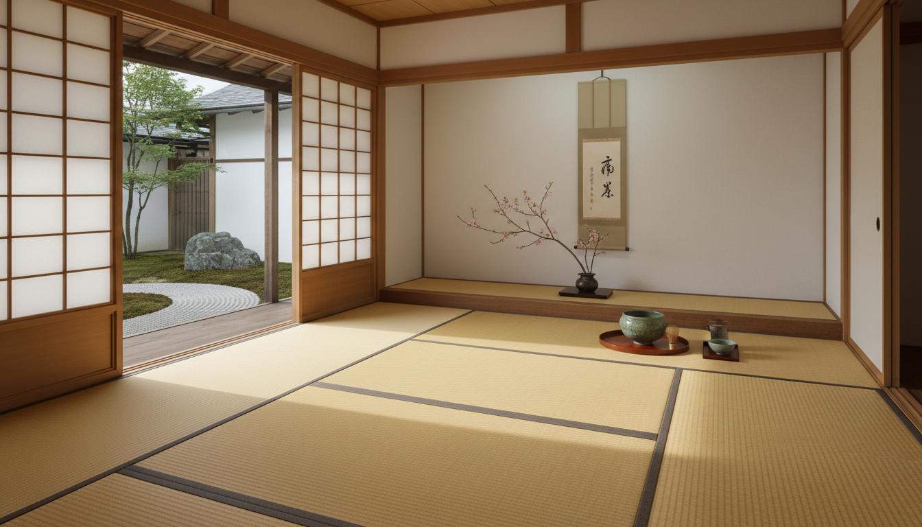 Traditional Japanese tea ceremony room with tatami mats and zen garden view